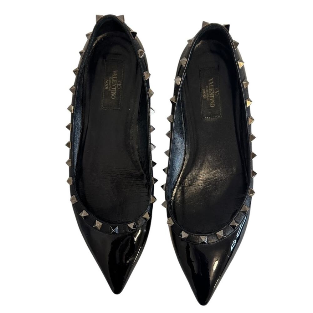 Valentino Garavani Rockstud Black Patent Leather Ballet Flats Pointed Toe 38.5